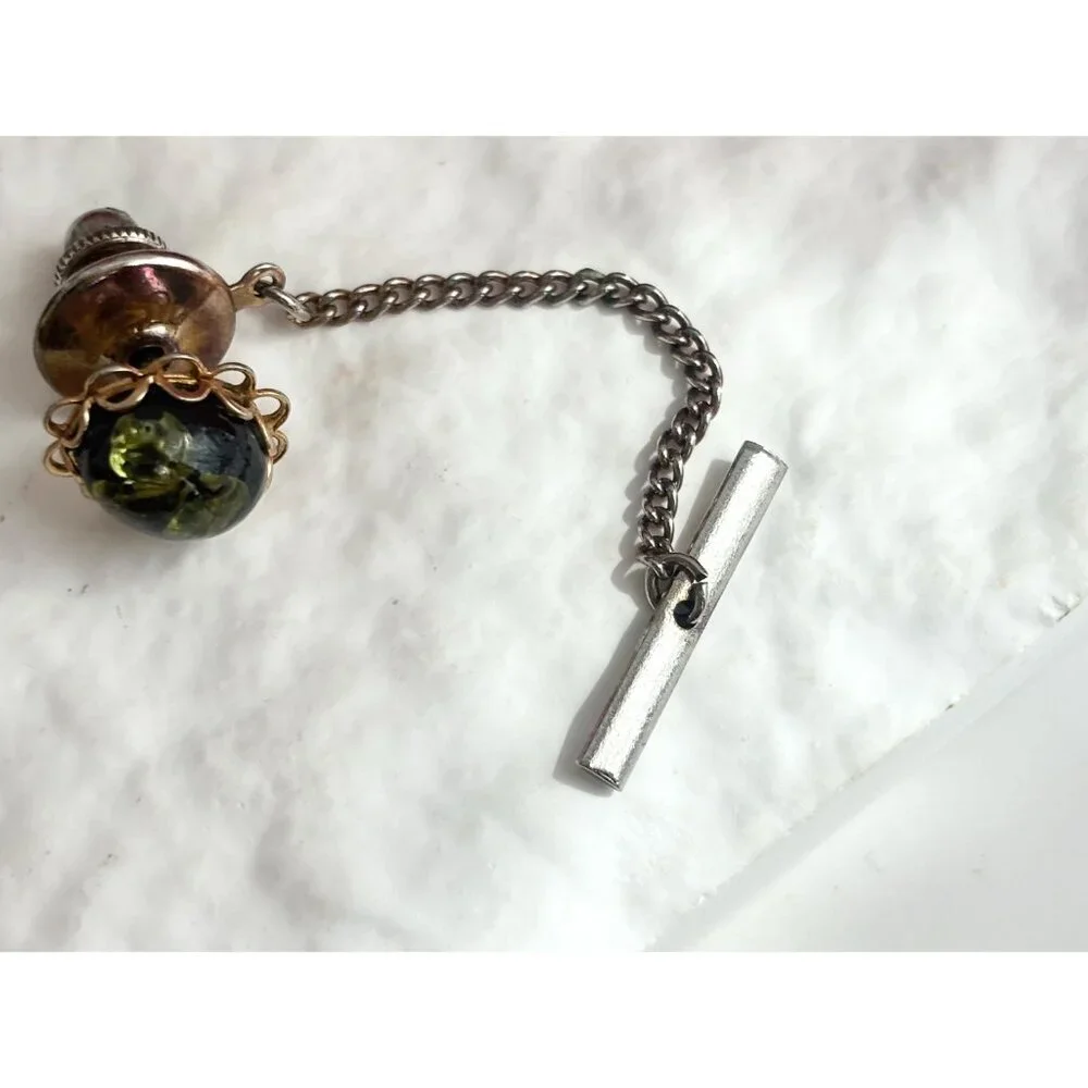 Faux Green Stone Scalloped Edging Silver Toned Vintage Men's Tie Tack